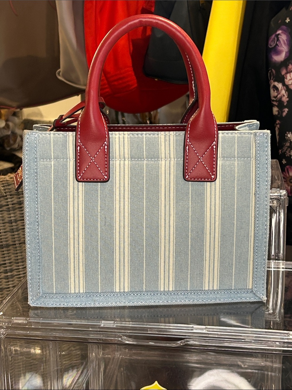 True Religion blue striped denim tote/ red leather trim 10.25”x 4.25”x 7.5” NWT - Picture 8 of 9